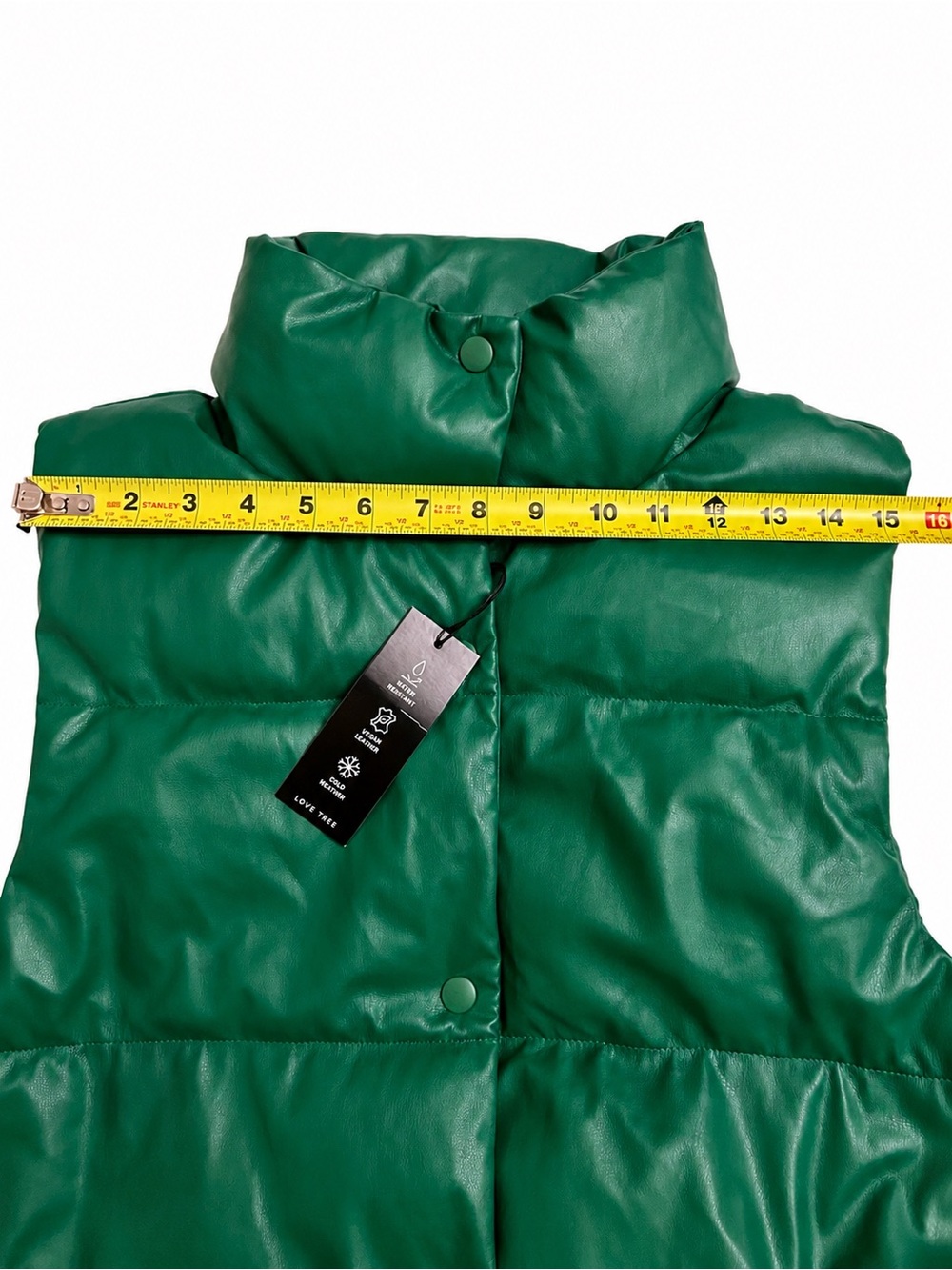 Love Tree Green Faux Leather Puffer Vest Small NWT Vegan Leather Water Resistant - Picture 5 of 9